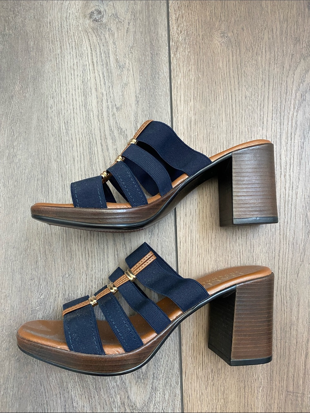 Italian Shoemakers Navy and Brown Strappy Slide Heels
